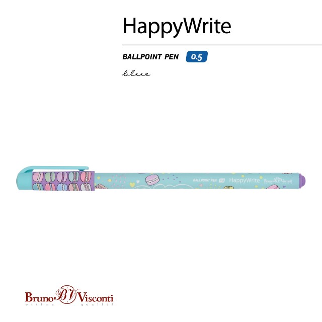 Ручка шариковая синяя BV HappyWrite My sweet. Mакаруны 0,5мм принт Превью 7