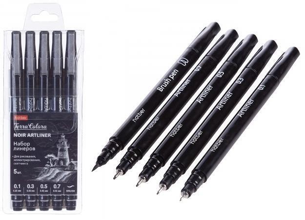 Ручки линеры 5 шт разного диаметра Hatber Terra Colora Brush (0,1/0,3/0,5/0,7мм) черные