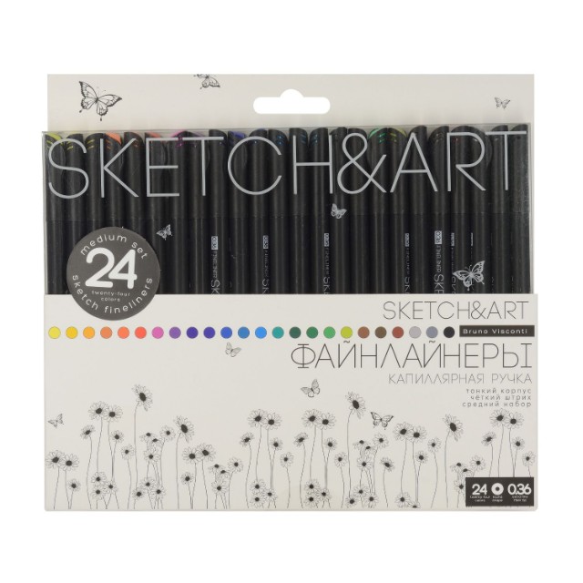 Ручки линеры 24 шт цветные BV Sketch&Art. Black Edition  0.36 мм