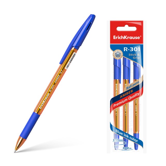Ручка шариковая синяя EK R-301 Amber Stick&Grip оранжевый корпус Превью 0