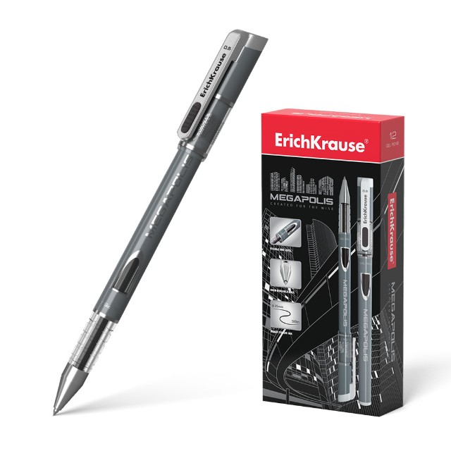 Ручка гелевая черная EK Megapolis серый копус 0,5мм Превью 0