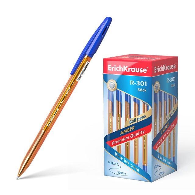 Ручка шариковая синяя EK R-301 Amber Stick корп. прозр. оранжевый корпус