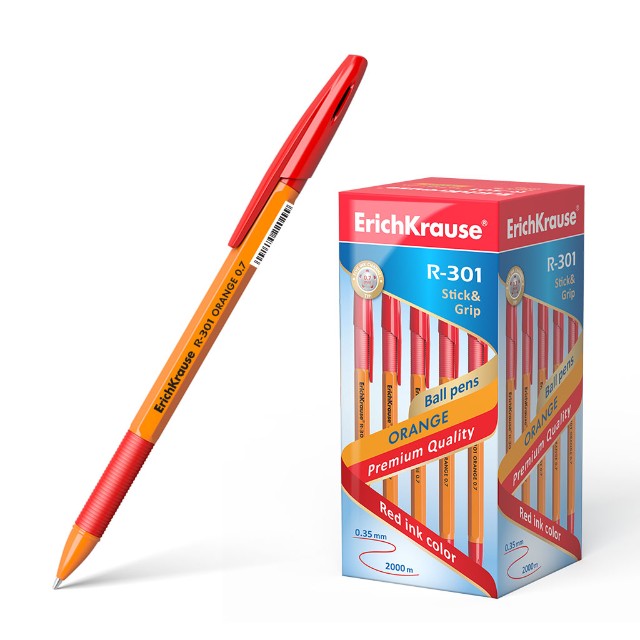 Ручка шариковая красная EK R-301 Orange Stick&Grip корп оранж резиновый держатель 0,7мм Превью 0