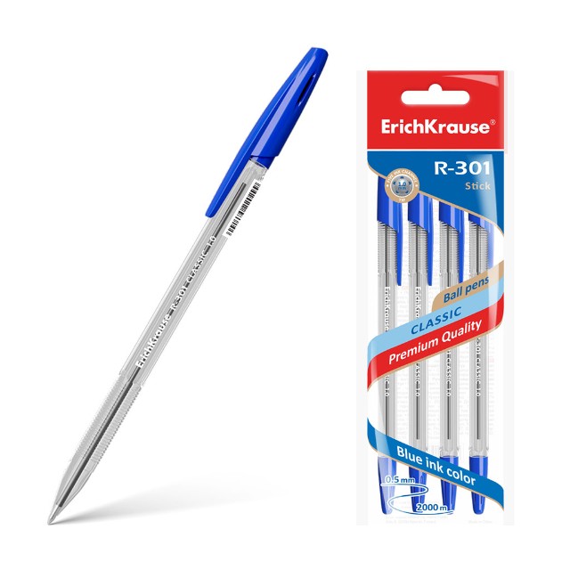 Ручка шариковая синяя EK R-301 Classic Stick прозр. корпус Превью 0