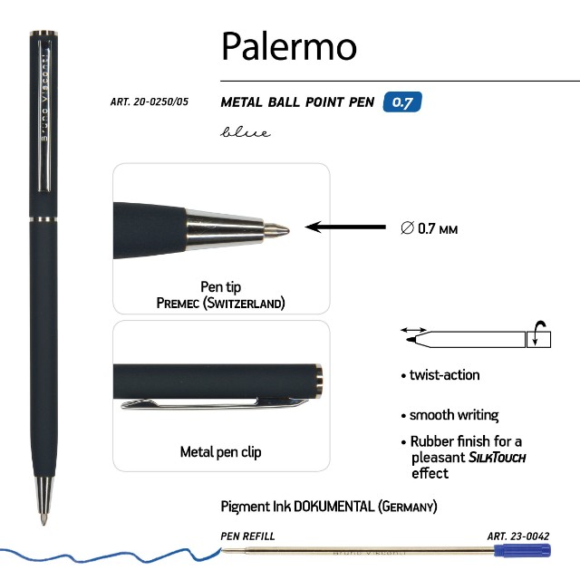 Ручка подар шар BV Palermo синяя 0,7мм авт сине-черный метал Превью 4