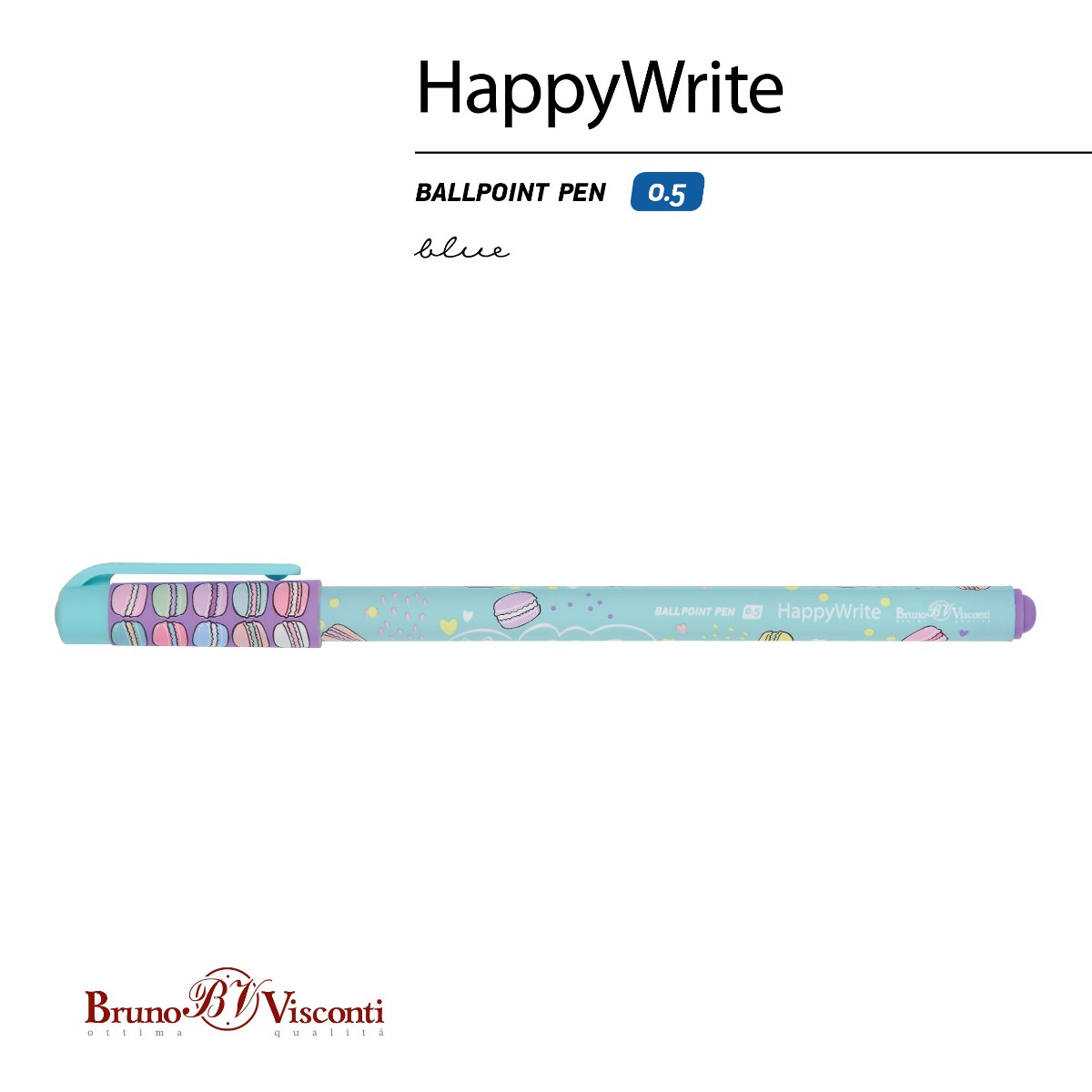 Ручка шариковая синяя BV HappyWrite My sweet. Mакаруны 0,5мм принт Фото 1