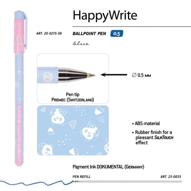 Ручка шариковая синяя BV HappyWrite Зефирные панды 0,5мм Превью 2