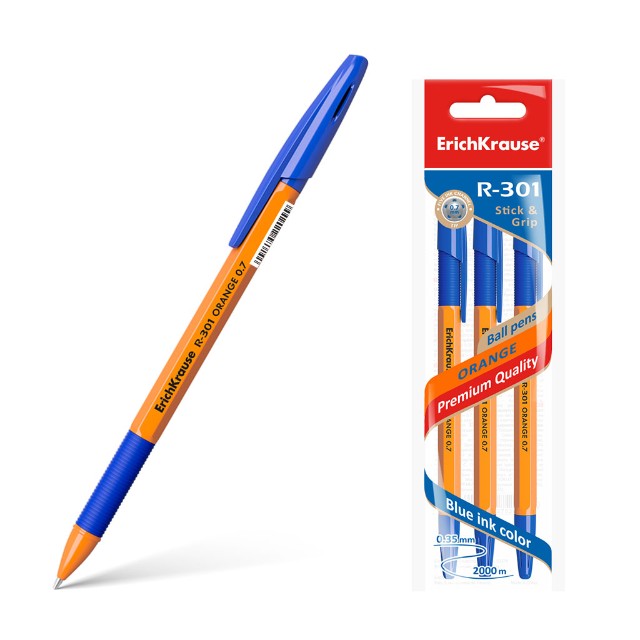 Ручка шариковая синяя EK R-301 Orange Stick&Grip оранжевый корпус