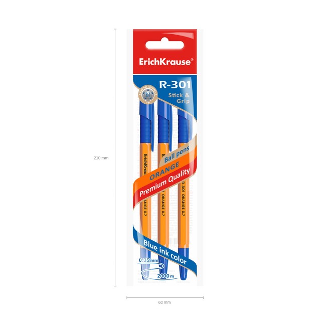 Ручка шариковая синяя EK R-301 Orange Stick&Grip оранжевый корпус Превью 1