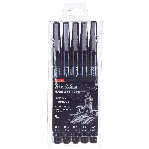 Ручки линеры 5 шт разного диаметра Hatber Terra Colora Brush (0,1/0,3/0,5/0,7мм) черные Превью 2
