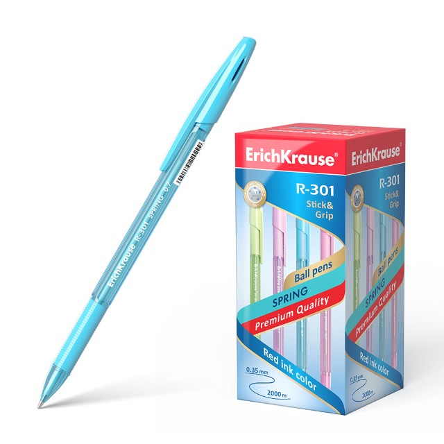 Ручка шариковая синяя EK R-301 Spring Stick&Grip 0,35мм резин держ полупрозр корпус