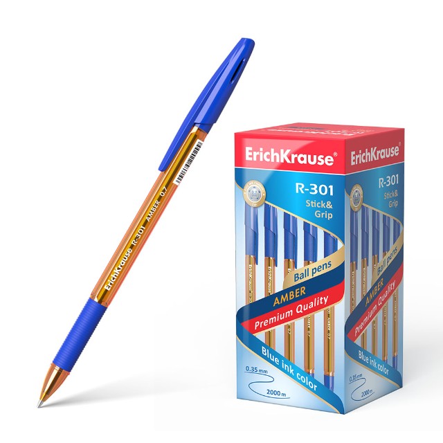 Ручка шариковая синяя EK R-301 Amber Stick&Grip 0.7 прозрач. оранж корп