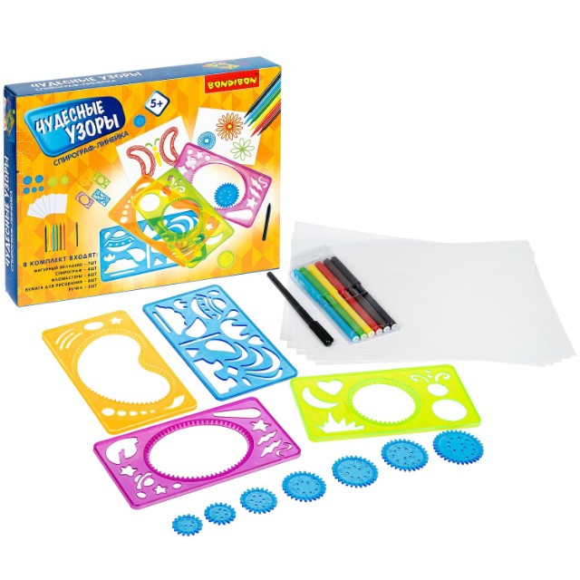 Творч Спирограф-линейка Чудесные узоры, 7 вкладышей, фломастеры Превью 1