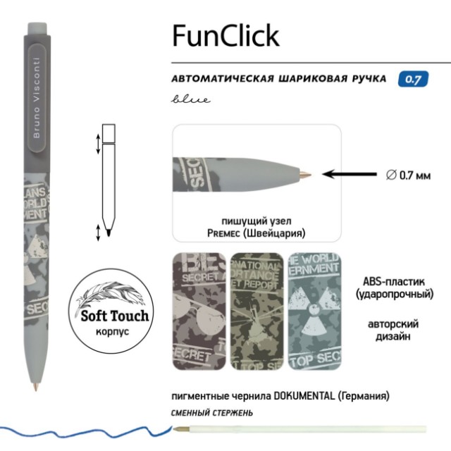 Ручка шариковая синяя BV FunClick Top Secret 0,7мм принт Превью 1