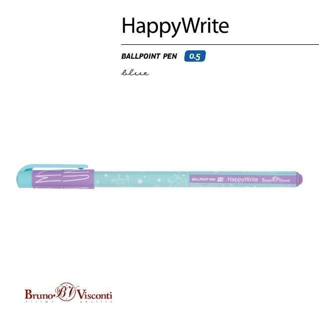 Ручка шариковая синяя BV HappyWrite Зефирные животные. Единорог и радуга 0,5мм Превью 4