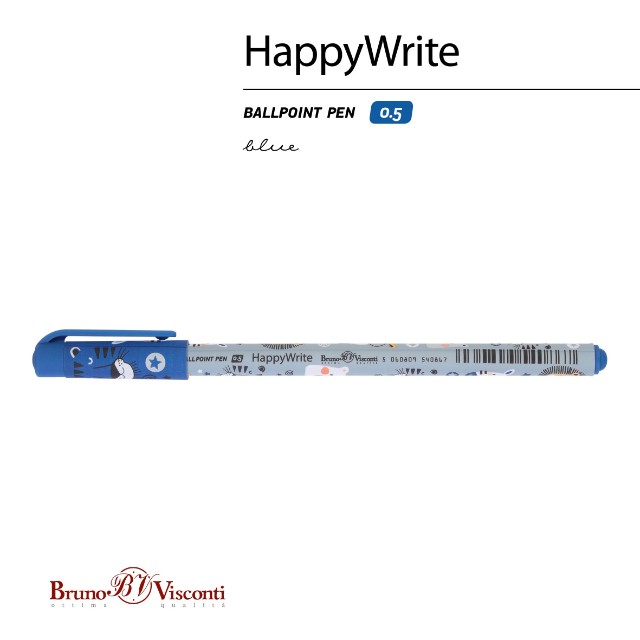 Ручка шариковая синяя BV HappyWrite Милые зверушки 0,5мм Превью 1