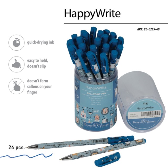 Ручка шариковая синяя BV HappyWrite Милые зверушки 0,5мм Превью 2