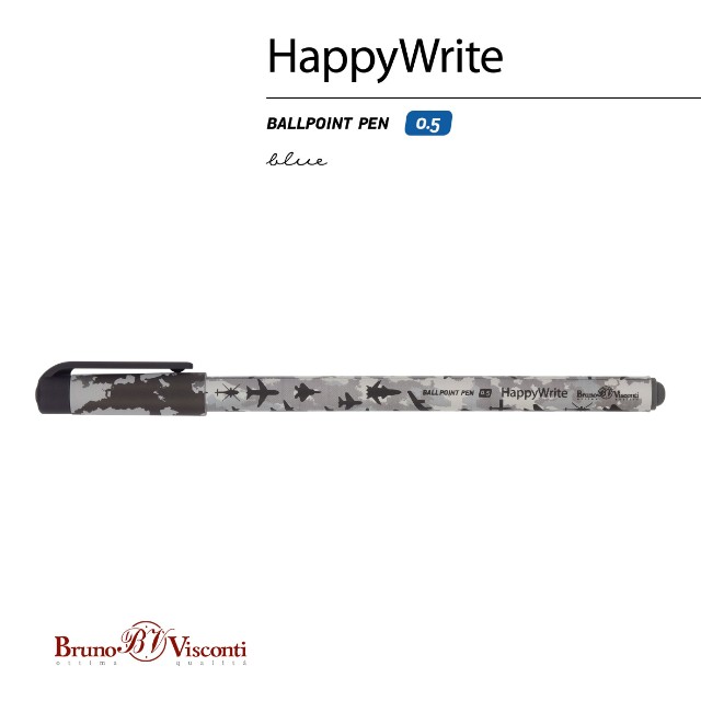 Ручка шариковая синяя BV HappyWrite Военный паттерн. Самолеты 0.5мм принт Превью 1