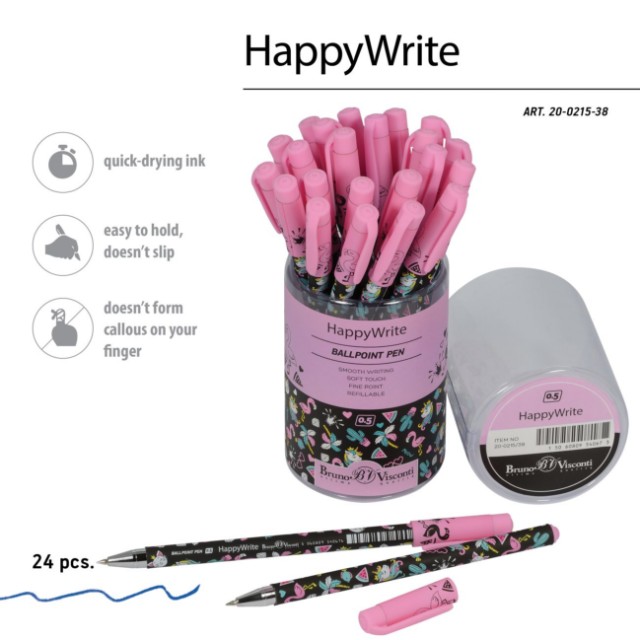 Ручка шариковая синяя BV HappyWrite Единорожки микс 0,5мм Превью 2