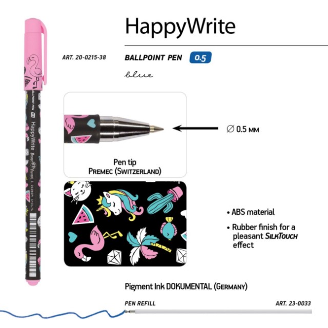 Ручка шариковая синяя BV HappyWrite Единорожки микс 0,5мм Превью 3