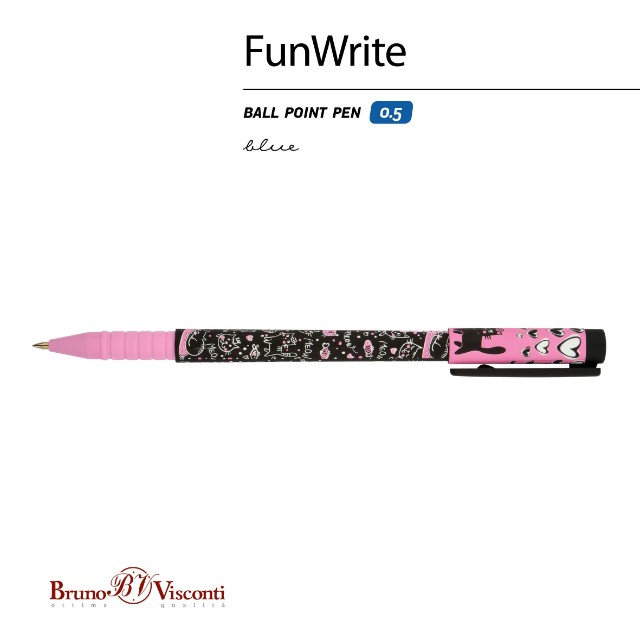 Ручка шариковая синяя BV FunWrite Розовые котята контурные Превью 1