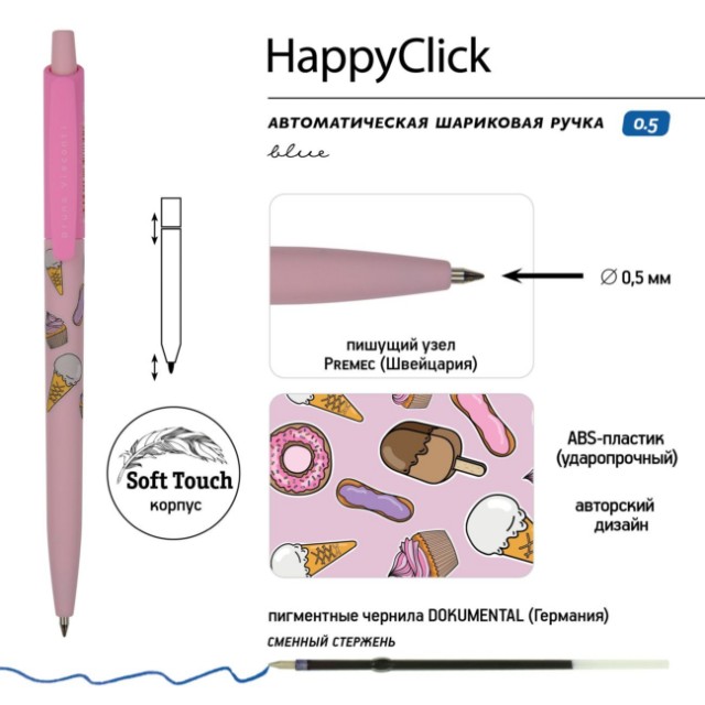 Ручка шариковая синяя BV HappyClick Пончики 0.5 автомат Превью 4