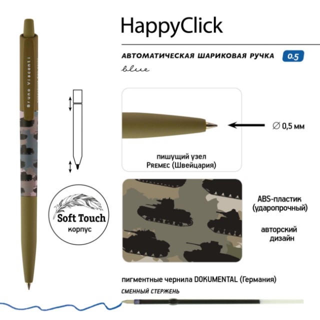 Ручка шариковая синяя BV HappyClick Танчики 0.5 автомат Превью 1