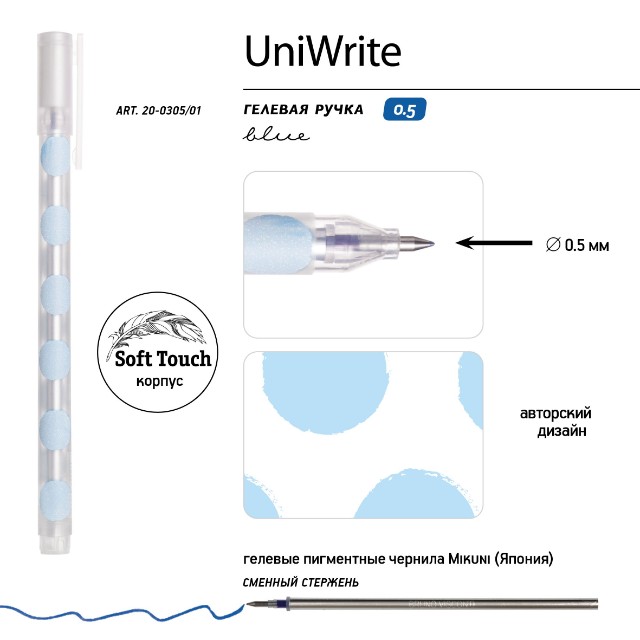 Ручка гелевая синяя BV UniWrite. Light blue polka dots 0,5мм Превью 2