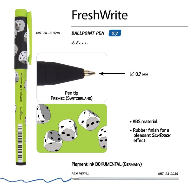 Ручка шариковая синяя BV FreshWrite Игры. Кубики 0,7мм принт Превью 1