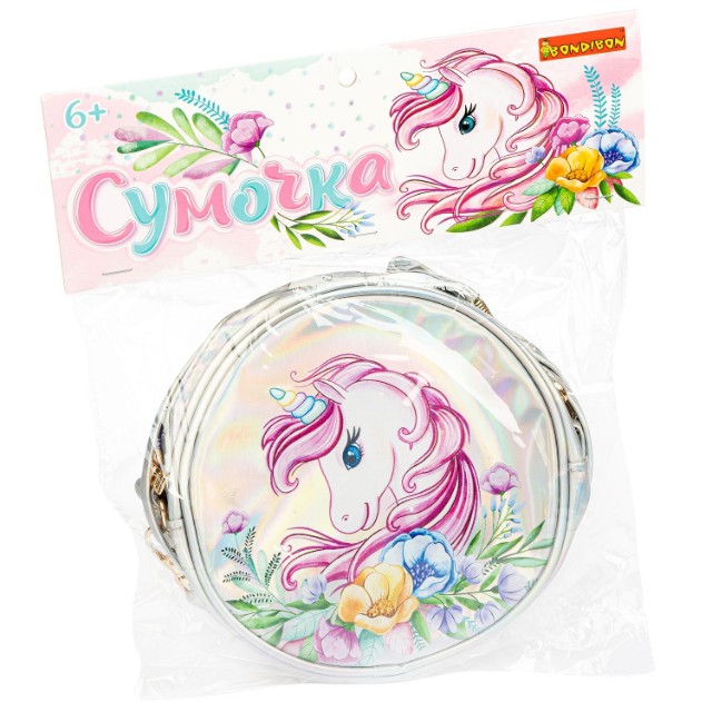 Сумка детская Сказочный единорог серебристая, круглая, 18х7см. Превью 2