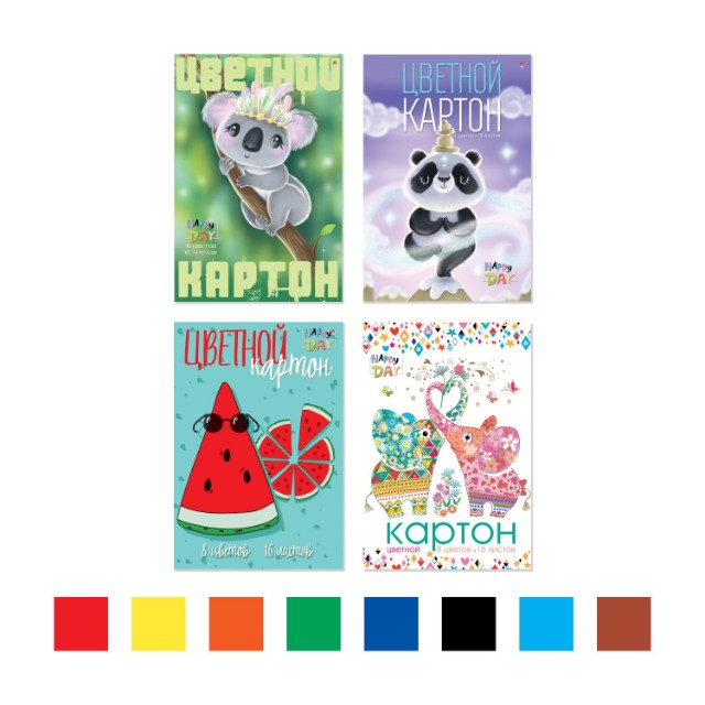 Картон цветной А4 16л 8цв мелов Мультики ассорти Превью 0