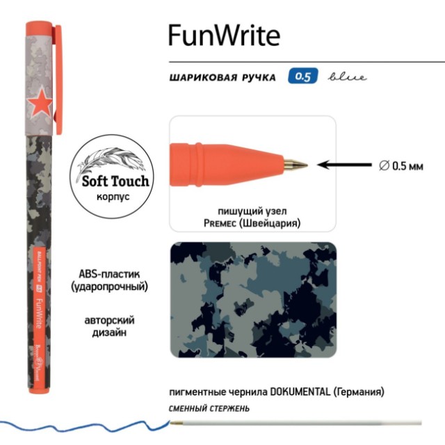Ручка шариковая синяя BV FunWrite Military. Airforce 0,5мм принт Превью 3