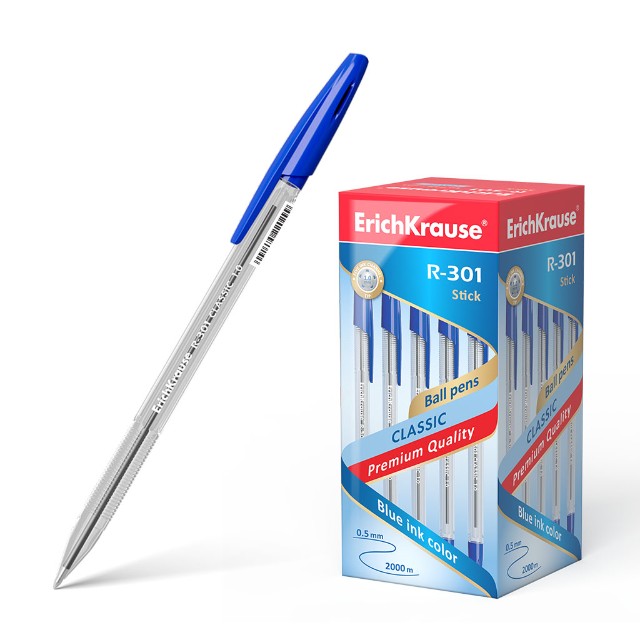 Ручка шариковая синяя EK R-301 Classic Stick 0,5мм корпус прозр