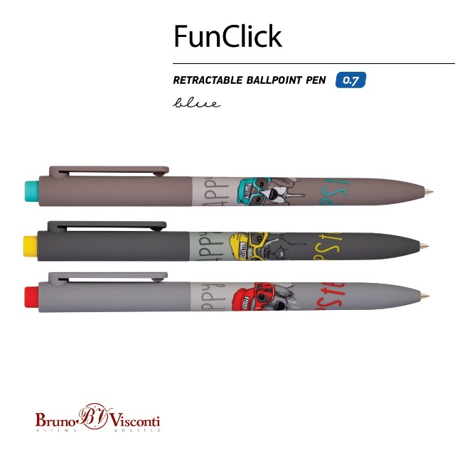 Ручка шариковая синяя BV FunClick Псы на стиле 0,7мм принт