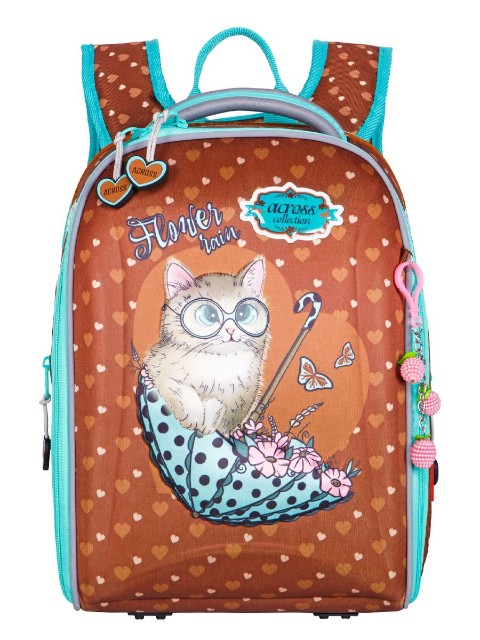 Ранец панцирный Across Котенок в зонтике + мешок, пенал