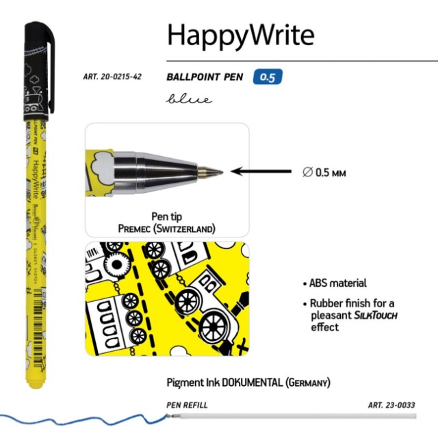 Ручка шариковая синяя BV HappyWrite Паровозики 0.5 мм принт Превью 4