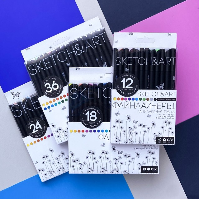Ручки линеры 12 шт цветные BV Sketch&Art. Black Edition  0.36 мм Превью 6
