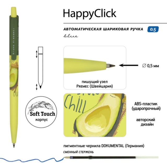 Ручка шариковая синяя BV HappyClick Avocado style Chill Out 0.5мм Превью 4