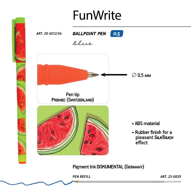 Ручка шариковая синяя BV FunWrite Fresh&fruity Арбуз 0,5мм принт Превью 2