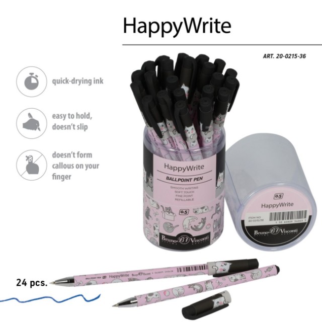 Ручка шариковая синяя BV HappyWrite Друзья. Котята 0,5мм Превью 2