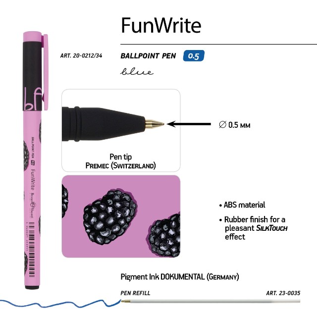 Ручка шариковая синяя BV FunWrite. Ягоды. Графика. Ежевика 0,5мм принт Превью 2