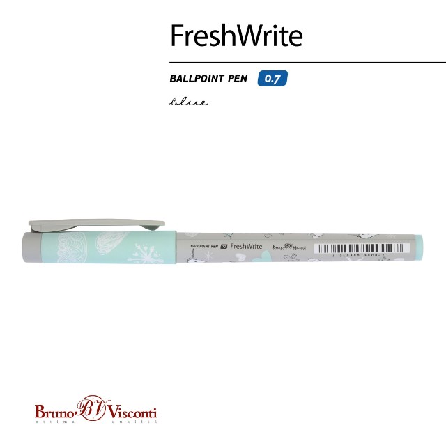 Ручка шариковая синяя BV FreshWrite. Девочка и Единорог. Снежинки 0,7мм принт Превью 1