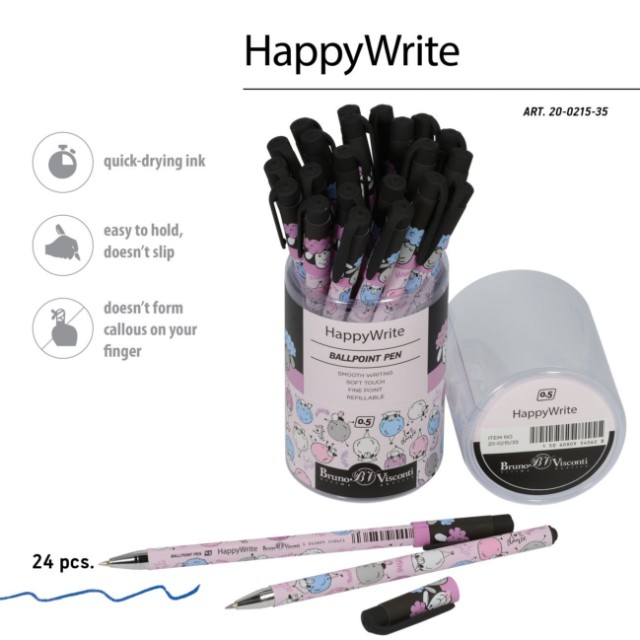 Ручка шариковая синяя BV HappyWrite Друзья. Овечки 0,5мм принт Превью 1