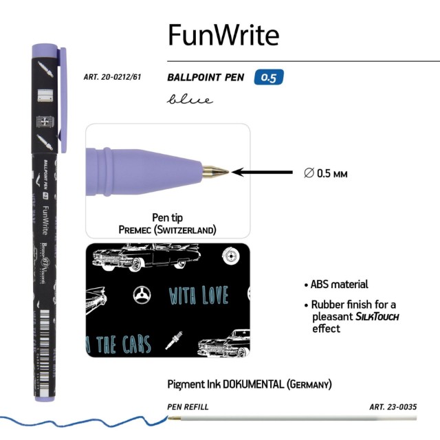 Ручка шариковая синяя BV FunWrite Машины. Цвет голубой 0,5мм принт Превью 2