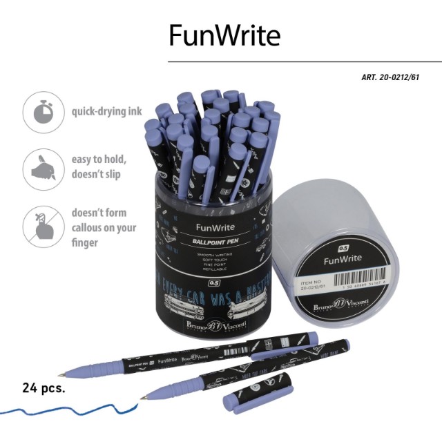 Ручка шариковая синяя BV FunWrite Машины. Цвет голубой 0,5мм принт Превью 3