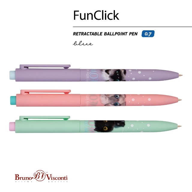 Ручка шариковая синяя BV FunClick Kitty life 0,7мм принт Превью 2