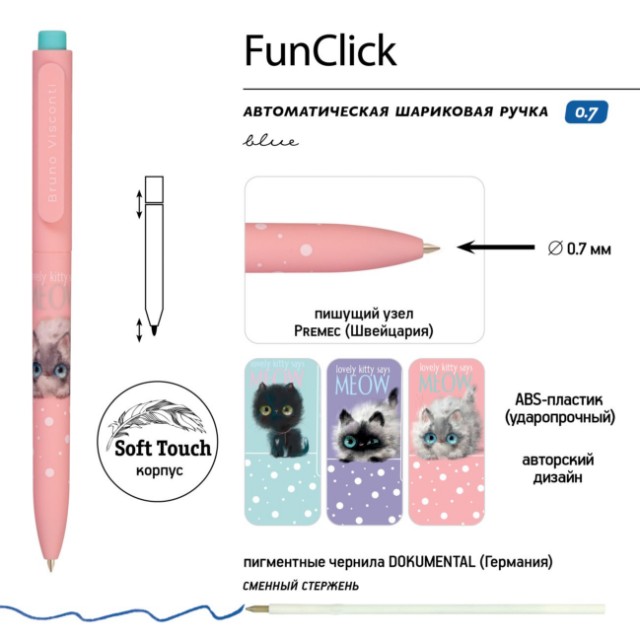 Ручка шариковая синяя BV FunClick Kitty life 0,7мм принт Превью 7