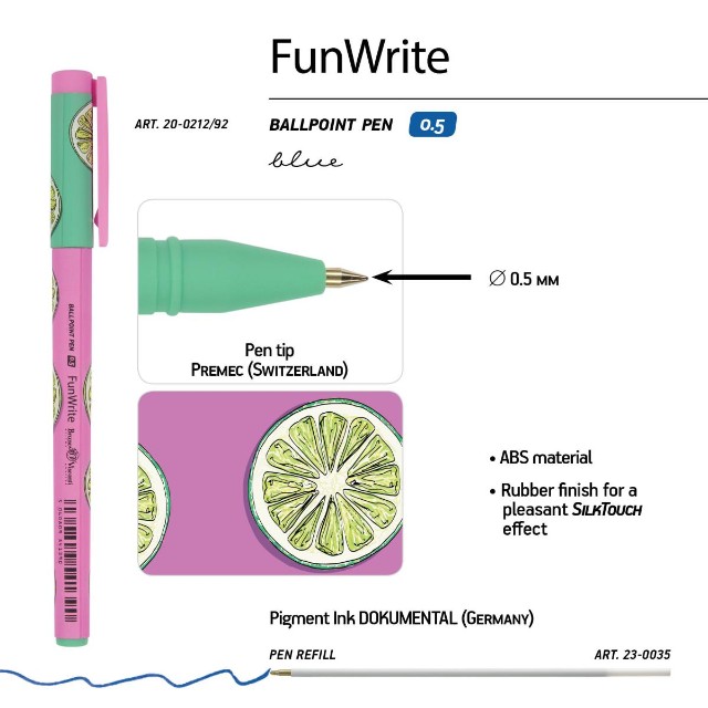 Ручка шариковая синяя BV FunWrite Fresh&Fruity. Лайм 0,5мм принт Превью 1