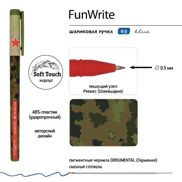 Ручка шариковая синяя BV FunWrite Милитари 0.5мм Превью 3