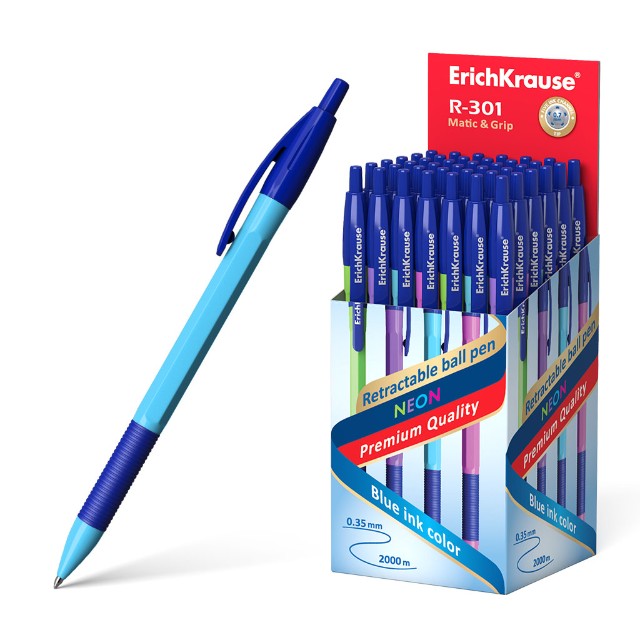 Ручка шариковая синяя EK R-301 Neon Matic&Grip автомат 0.7мм ассорти